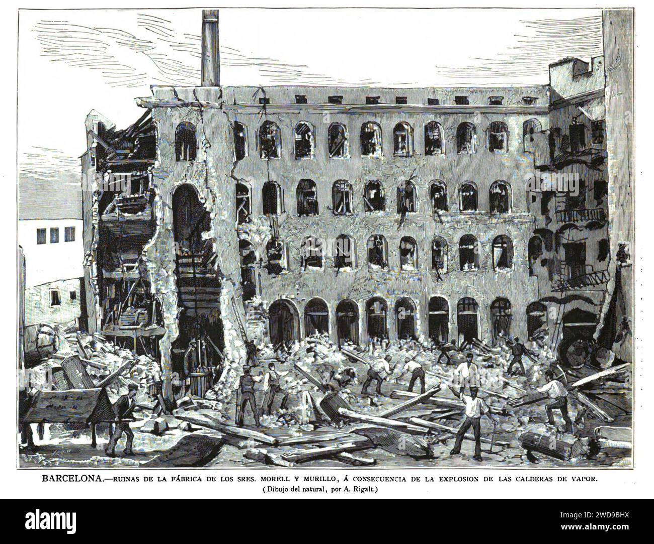 1882-07-08, La Ilustración Española y Americana, Ruinas de la fábrica de los Sres. Morell y Murillo, á consecuencia de la explosión de las calderas de vapor. Stock Photo