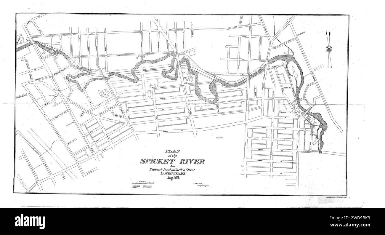 1883 Map of the Spicket Valley showing improvements in the river channel and the line of the main sewer and branches Lawrence, Mass, Stock Photo