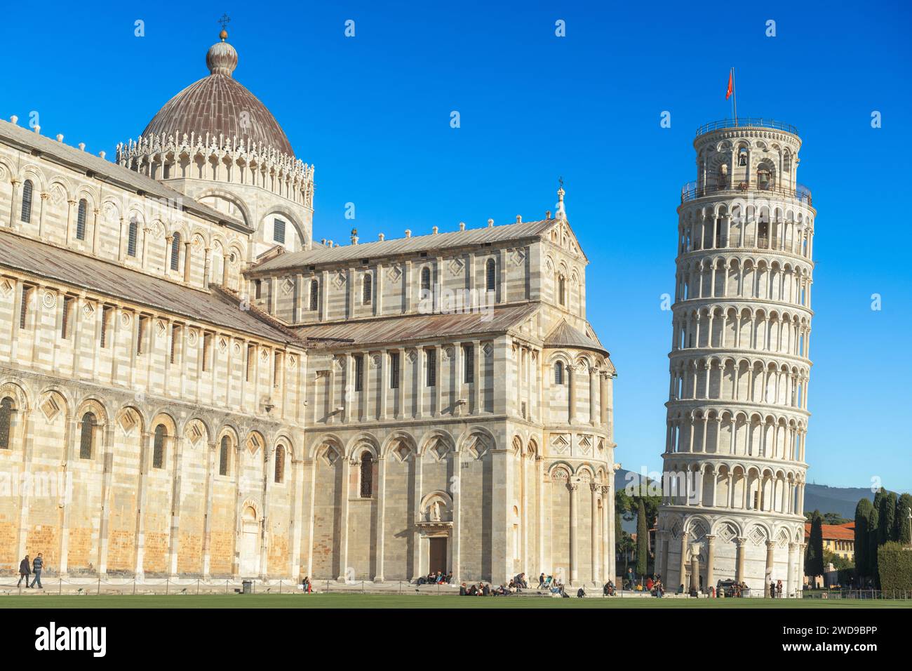 PISA, ITALY - DECEMBER 17, 2021: The Leaning Tower of Pisa in the Square of Miracles. Stock Photo