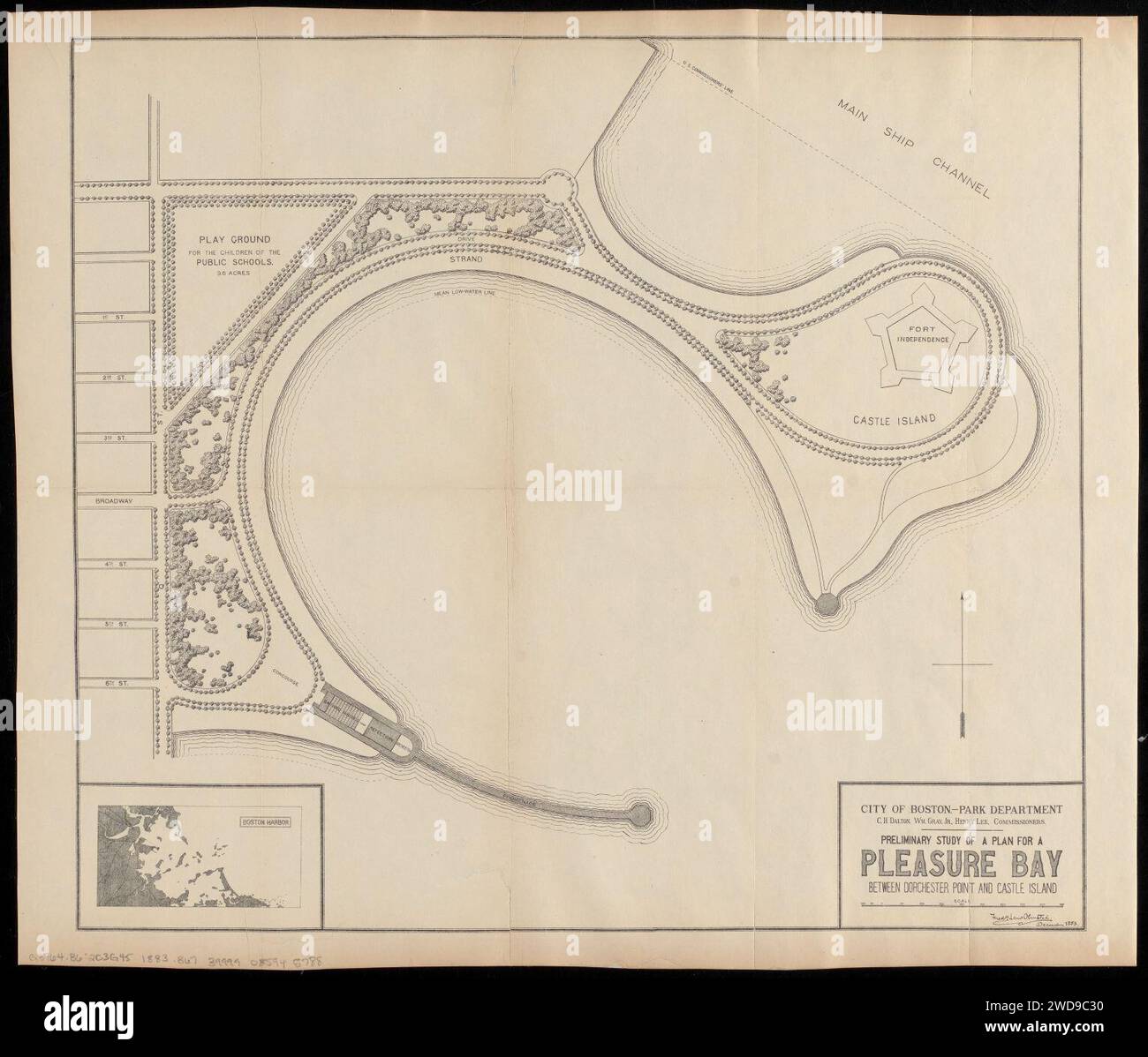 1884 Preliminary study of a plan for a Pleasure Bay between Dorchester Point and Castle Island, by Frederick Law Olmsted, Stock Photo