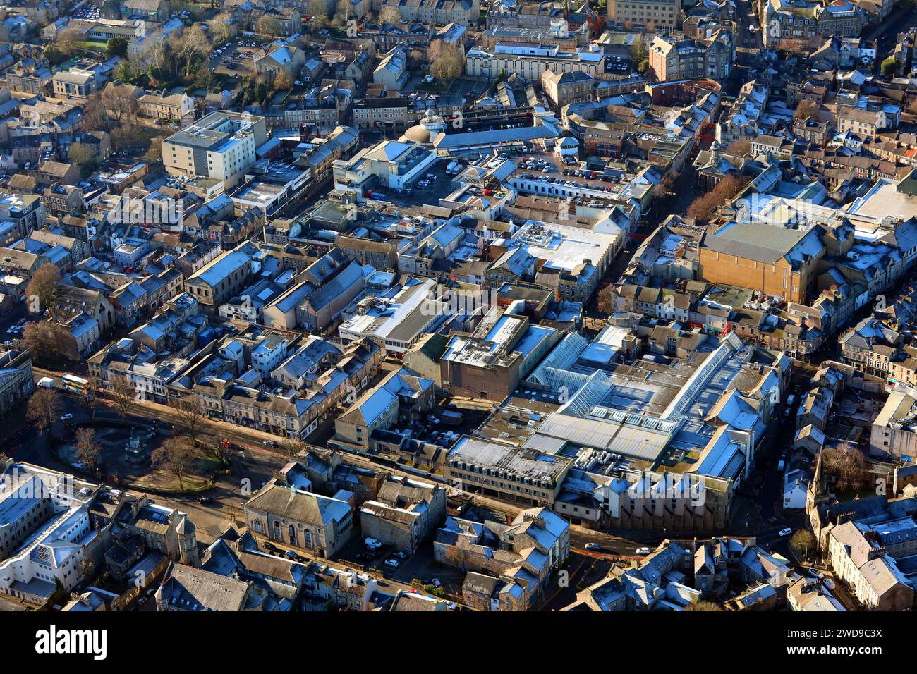 aerial view of St Nics Shopping Centre (foregound) and Marketgate Shopping Centre (further back), Lancaster city centre, Lancashire Stock Photo