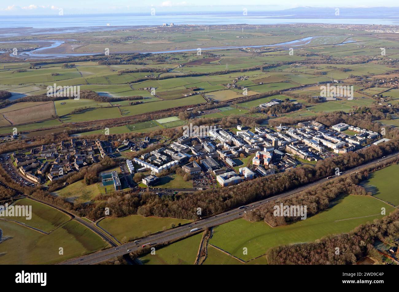 aerial view of Lancaster University, this view taken from the east looking west towards the coast of the Irish Sea at Morecambe Bay Stock Photo