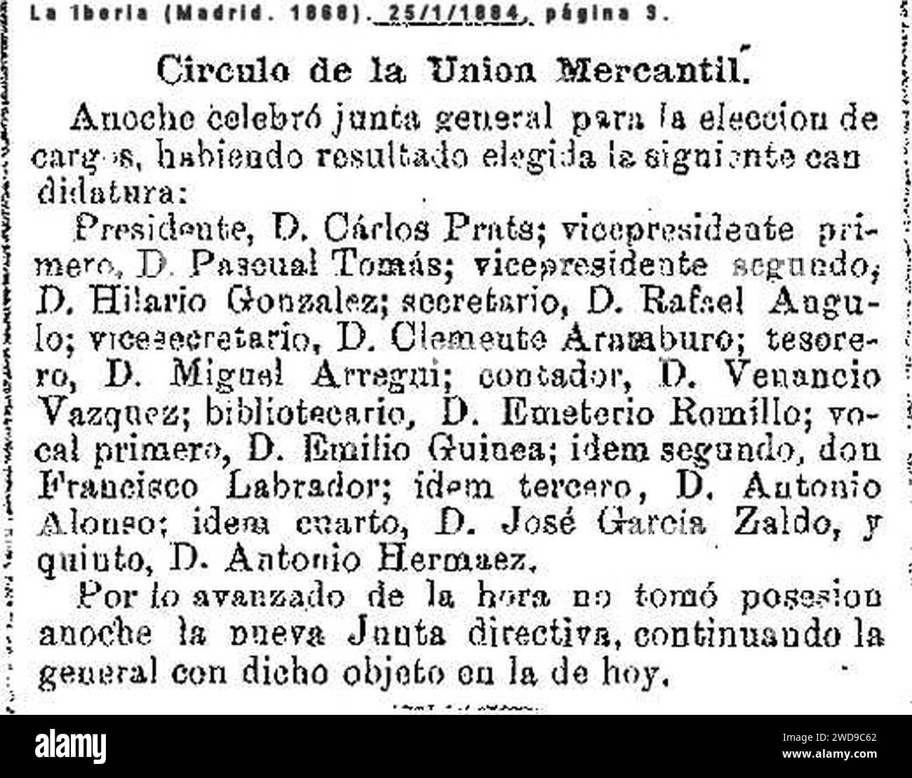 1884-01-25-La-iberia-Emeterio-Romillo-bibliotecario-Circulo-Mercantil. Stock Photo
