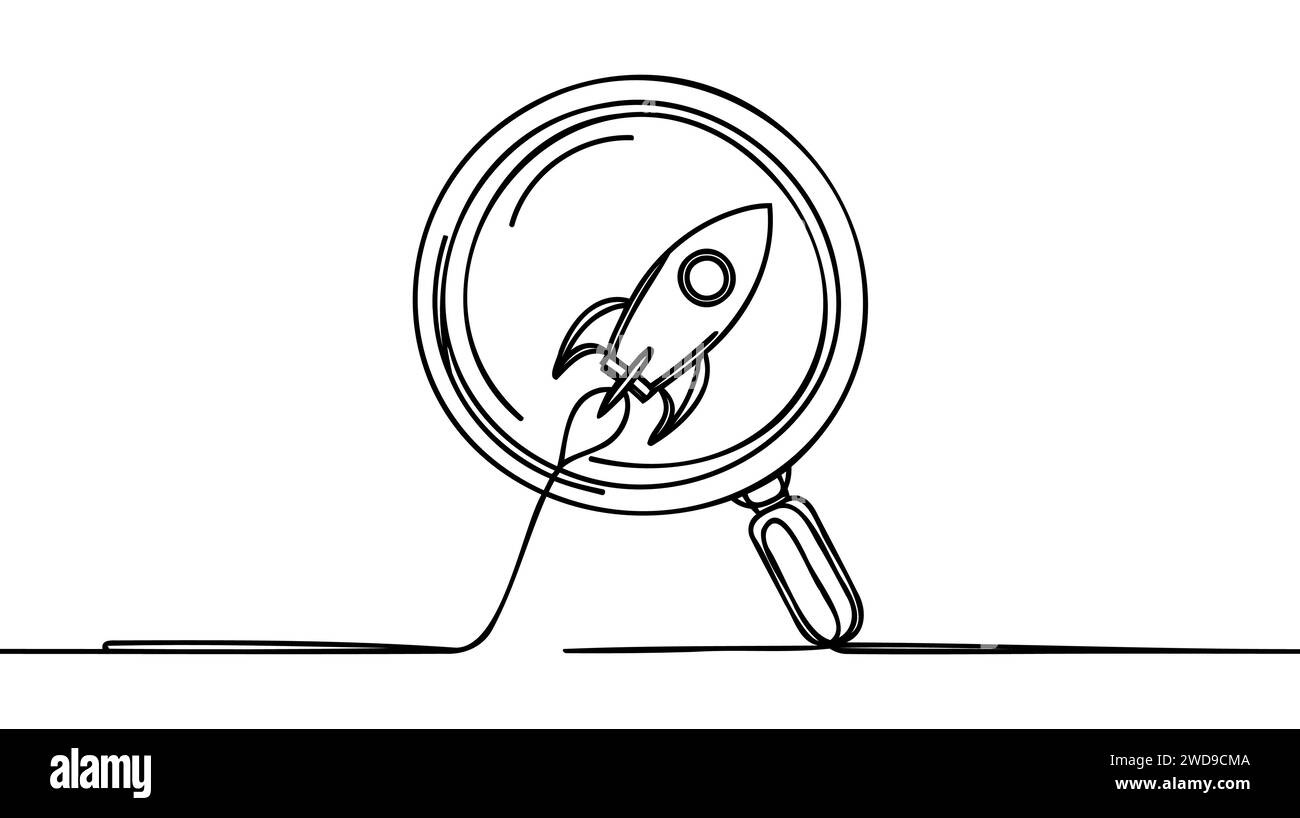 Continuous one line drawing of magnifying glass highlights the rocket ...