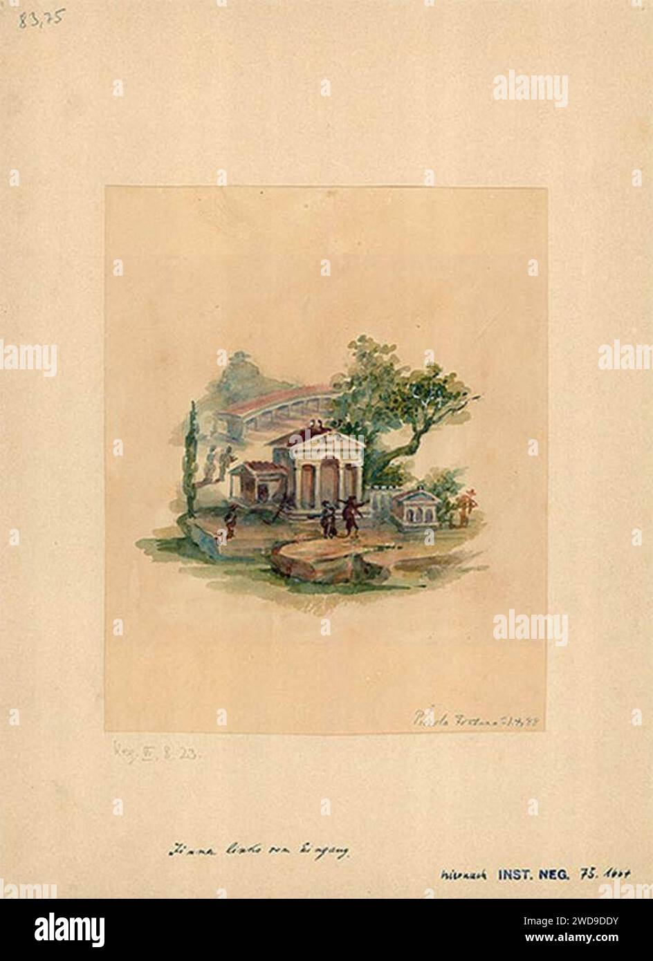 1888 watercolor of painted architectural scene from south wall of cubiculum VI 8 23 Pompeii. Stock Photo