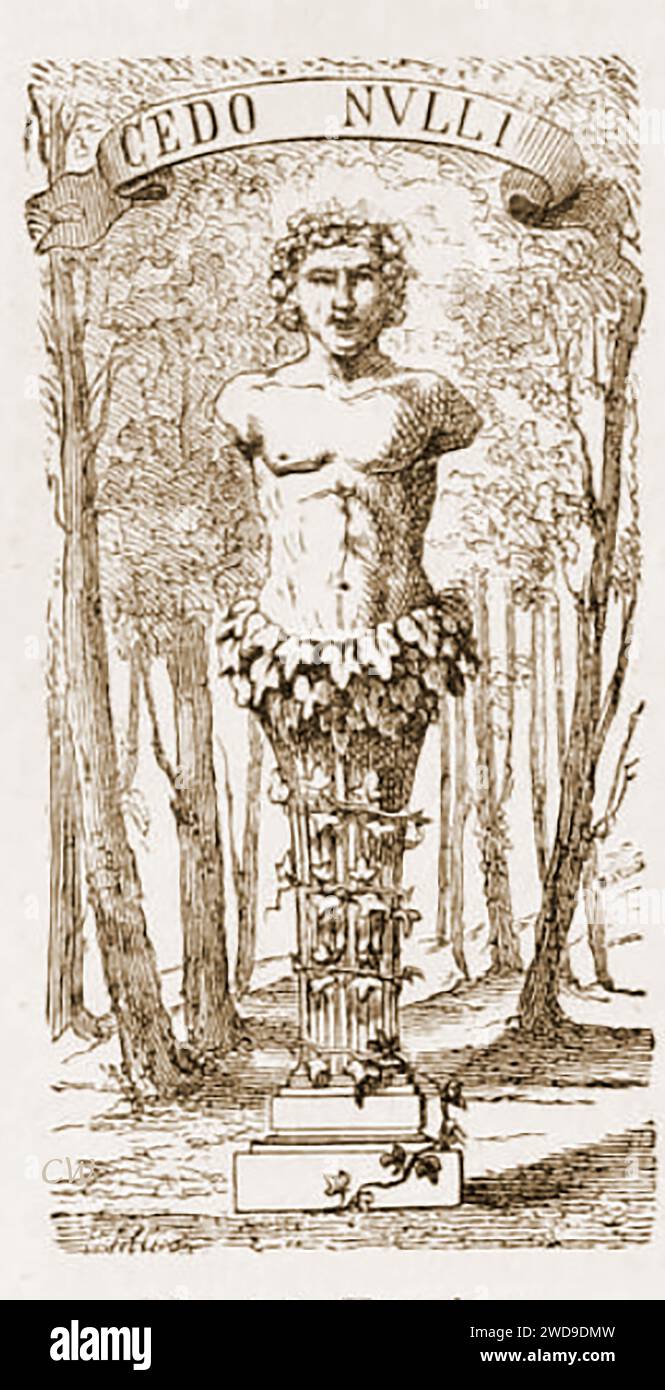 An old  engraving of an ancient statue to the god TERMINUS with his motto  which translates as Yield to No One. Terminus poles or statues were erected at the ends of roads  or entrances to towns in the ancient past, and were often decorated by travellers as they arrived or passed them. In Roman religion, Terminus was the god of boundaries . Sacrifices were performed to sanctify each boundary stone, and edach year  a festival called the 'Terminalia' was celebrated  on February 23.  Some recognised him as an aspect of Jupiter  (Jupiter Terminalis) Stock Photo