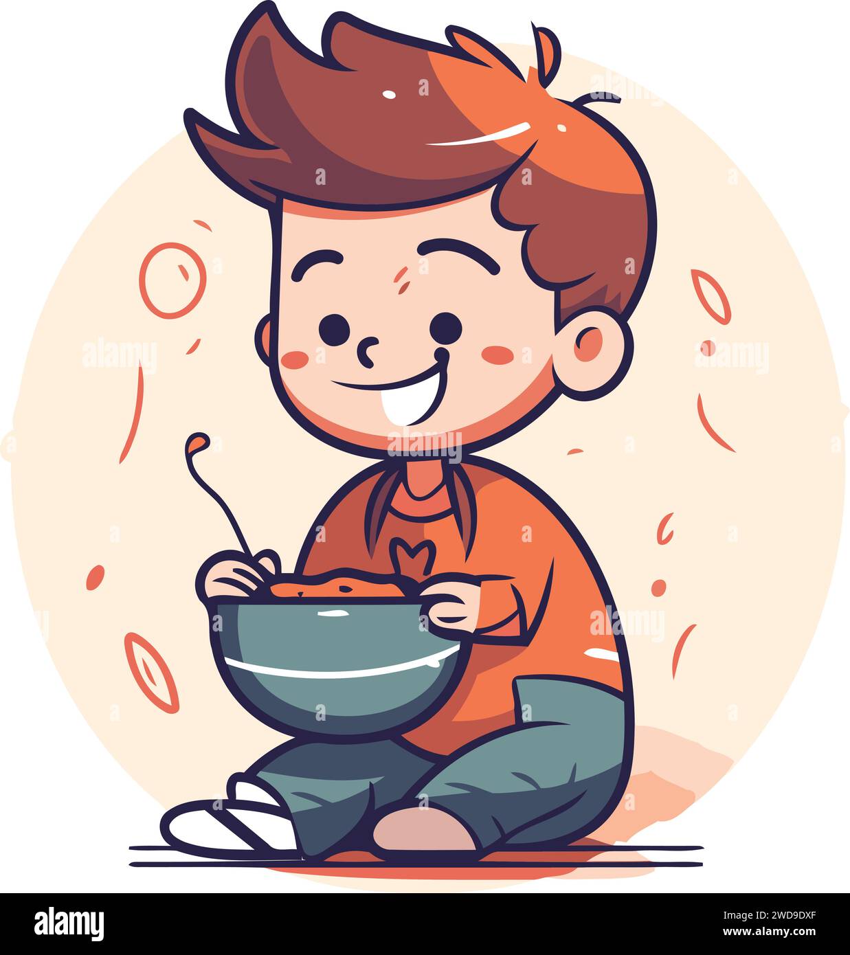 Cute little boy sitting on the floor and eating soup. Vector