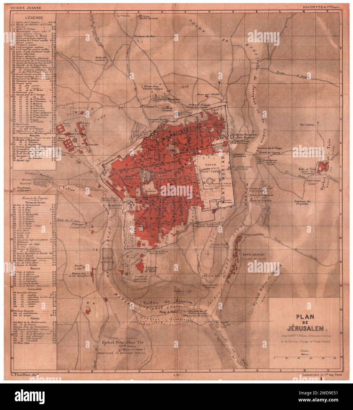 1890 map - Plan de Jérusalem - L. Thuillier delt ; d'après Mrs. V.Wilson (Ordnance Survey) et de Saulcy (Voyage en Terre Sainte). Stock Photo