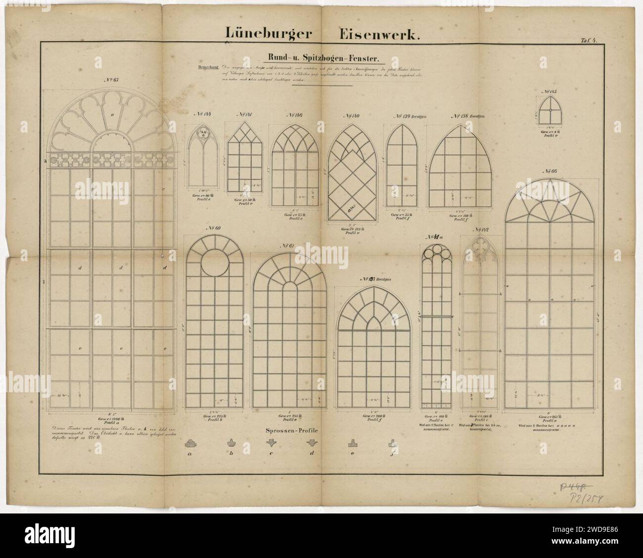 1890er Jahre circa Lüneburger Eisenwerk Tafel 4 Zeichnungen Rund-und Spitzbogenfenster, Stadtarchiv Duderstadt, Kulturerbe Niedersachsen. Stock Photo