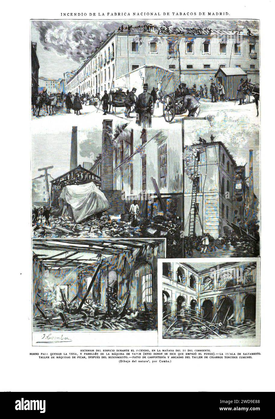 1890-11-15, La Ilustración Española y Americana, Incendio de la Fábrica Nacional de Tabacos de Madrid. Stock Photo