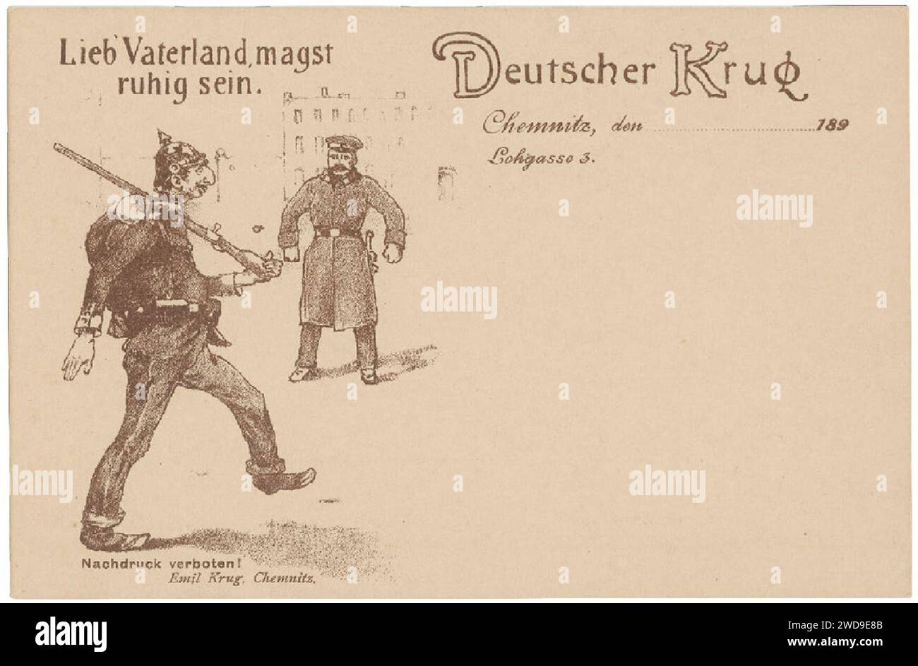1890er Jahre Antisemitismus Postkarte Deutscher Krug Chemnitz Lohgasse 3, Lieb' Vaterland, magst ruhig sein, Bildseite. Stock Photo
