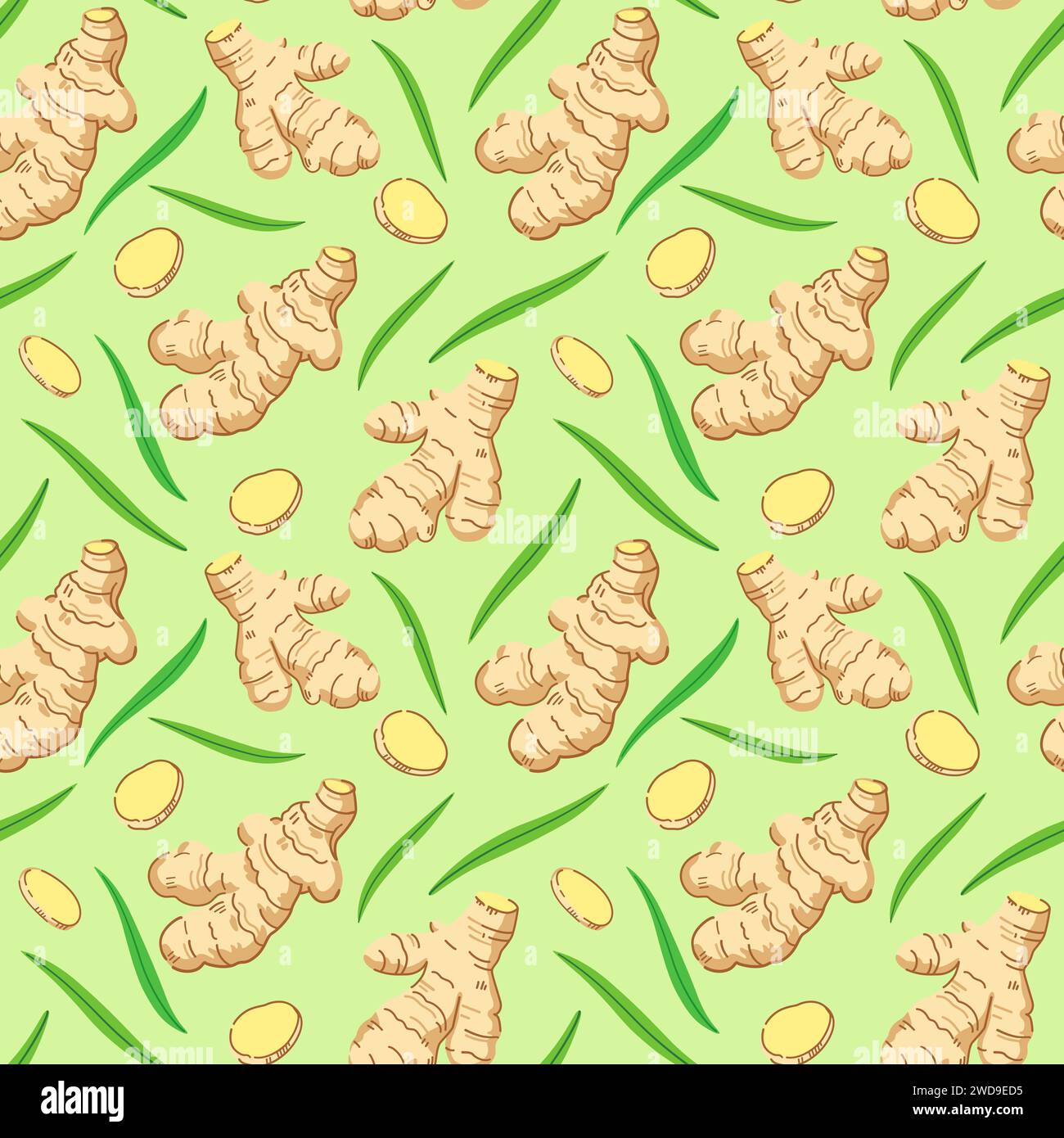 Seamless pattern with ginger roots, slices and leaves. Vector illustration. Stock Vector