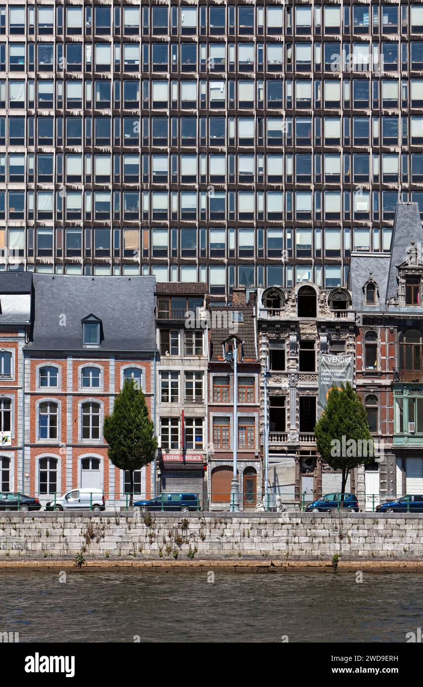 Art Nouveau buildings in front of  a skyscraper on the Meuse river, Quai de la Goffe, Liège, Wallonia, Belgium, Europe Stock Photo