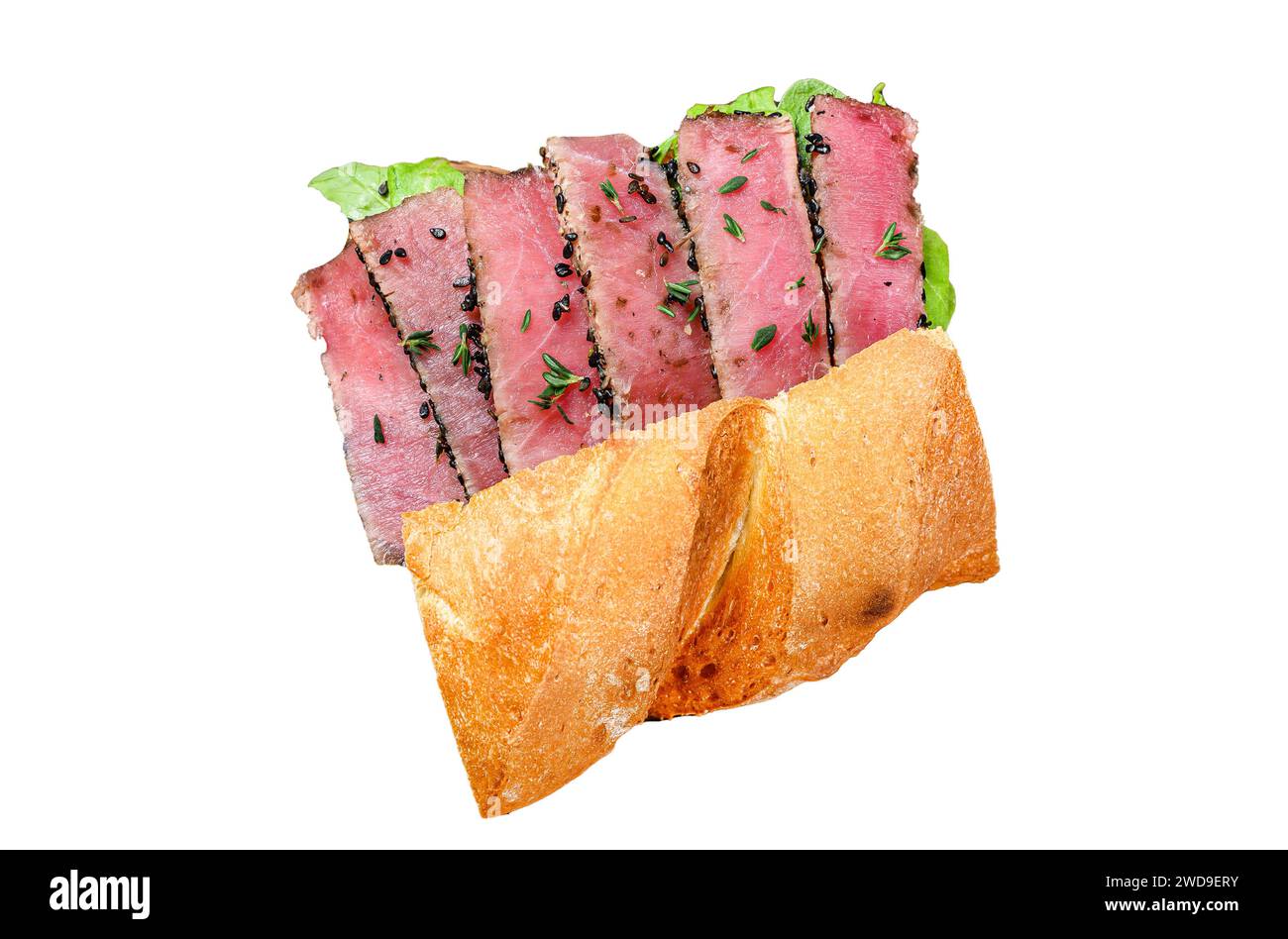 Grilled Ahi Tuna Steak and Avocado Sandwich with arugula Isolated on