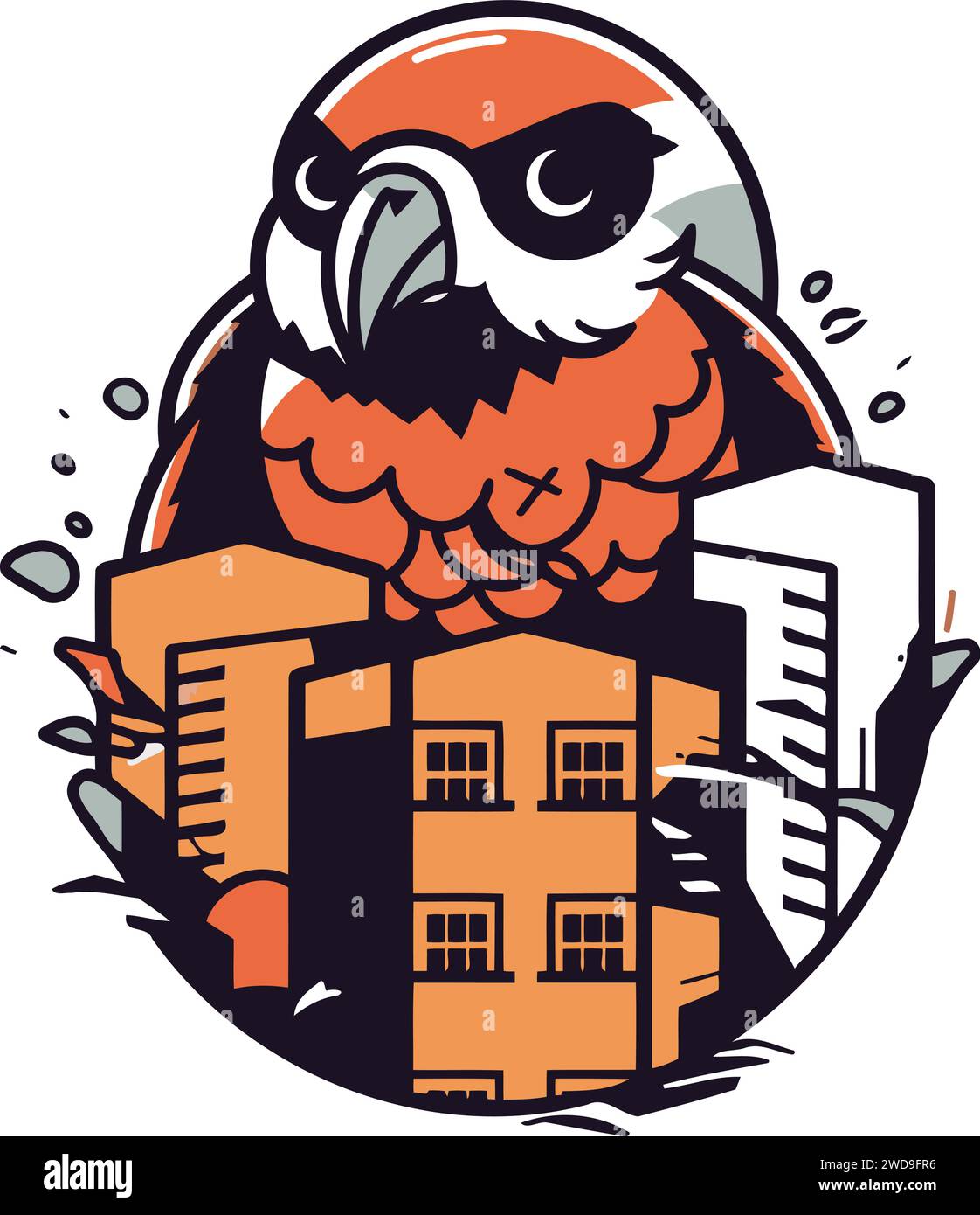 Cute parrot in a city. Vector illustration on white background. Stock Vector