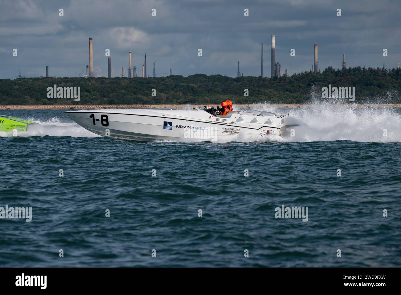1-8 Bubbledeck a Donald Aronow designed Cigarette Offshore powerboat  competing in the 2023 Isle of Wight Cowes to Torquay and back Power Boat race Stock Photo