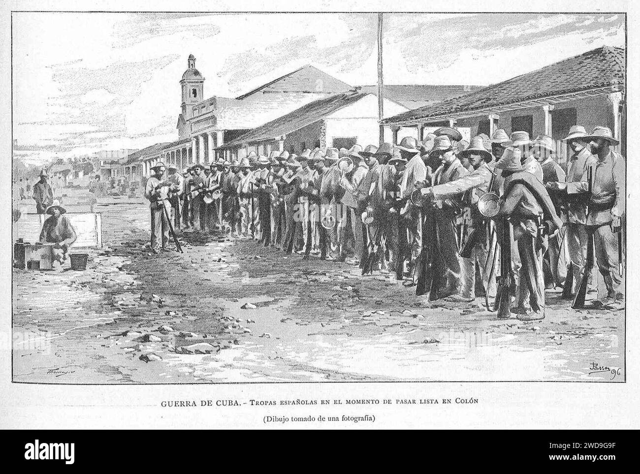 1896-02-03, La Ilustración Artística, Tropas españolas en el momento de pasar lista en Colón, Passos. Stock Photo