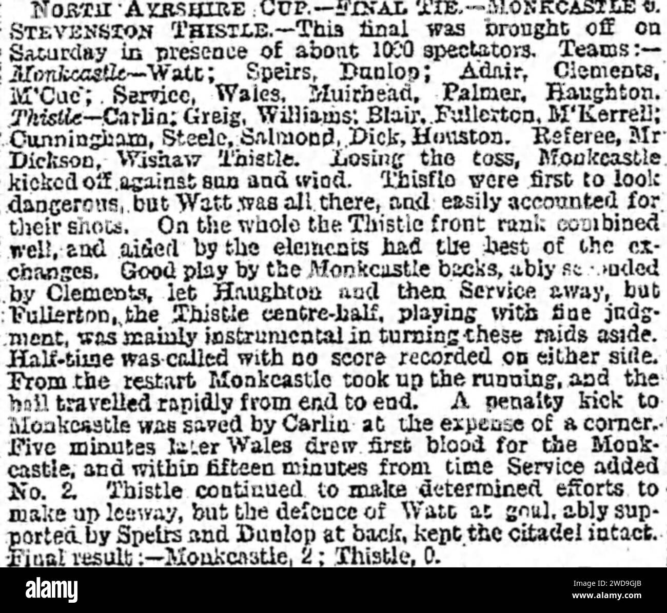 1896–97 North Ayrshire Cup Final, Monkcastle 2–0 Stevenston Thistle, Glasgow Herald, 17 May 1897. Stock Photo