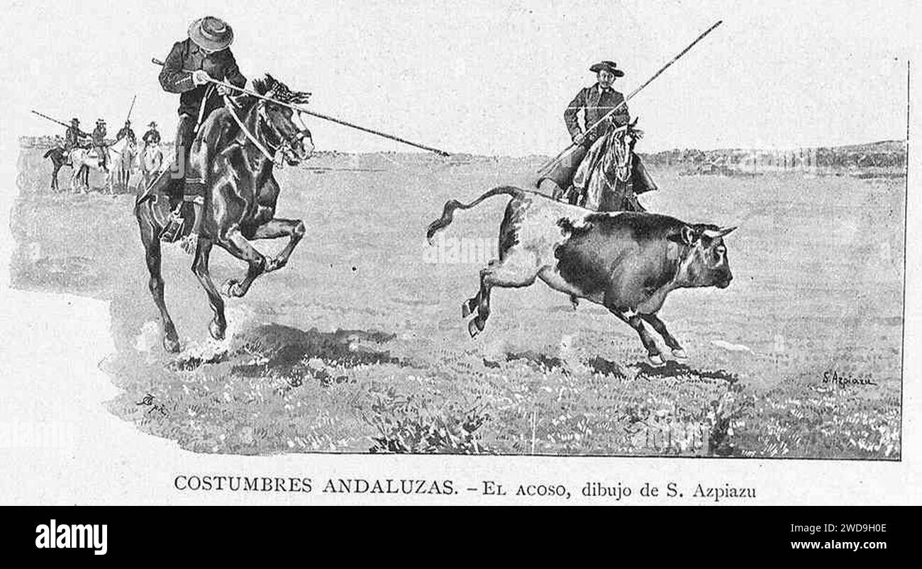 1897-07-05, La Ilustración Artística, Costumbres andaluzas, p. 438, José Gestoso y Pérez, Salvador Azpiazu (cropped) El acoso. Stock Photo