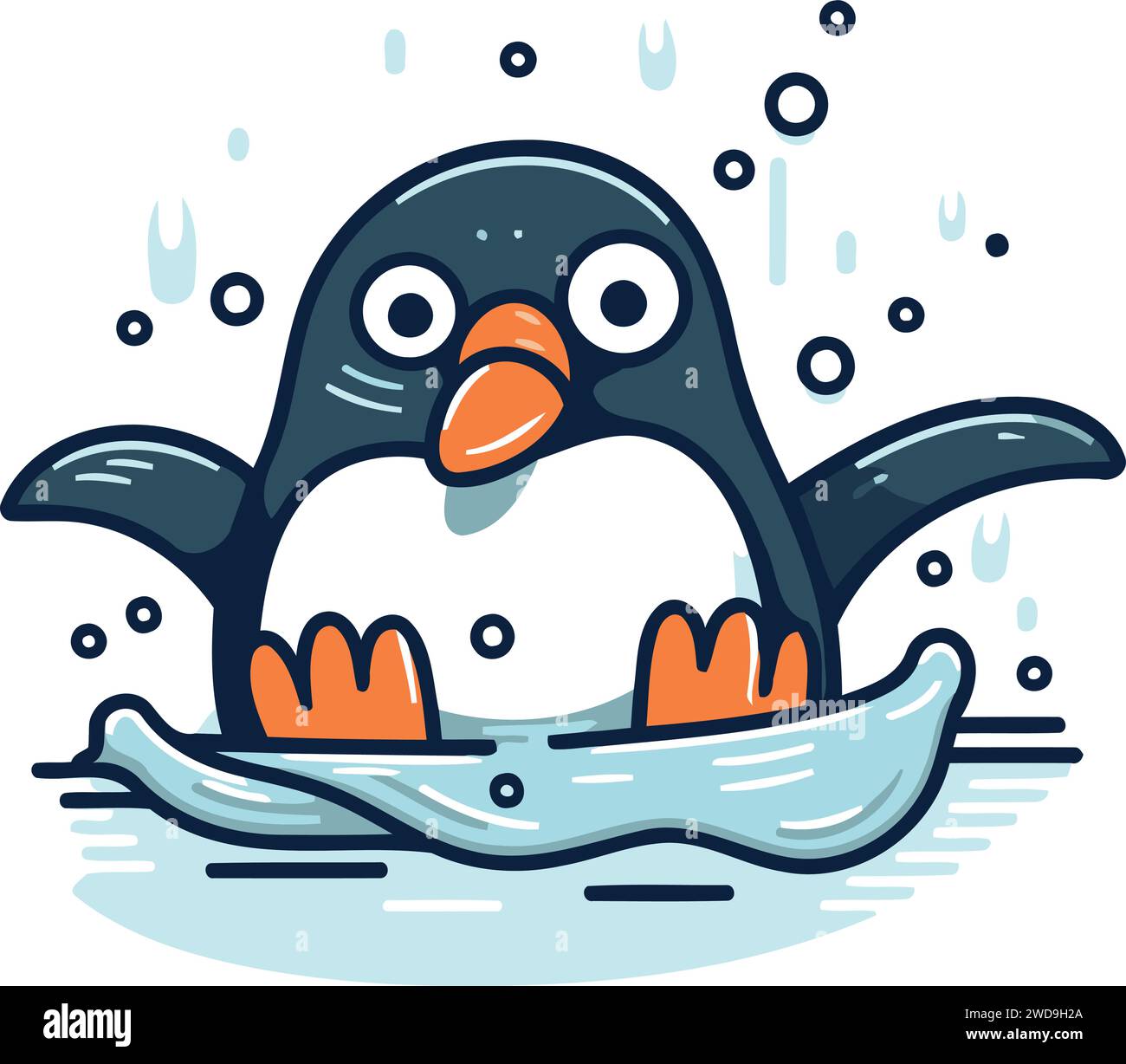 Cute cartoon penguin swimming in the water. Vector illustration Stock