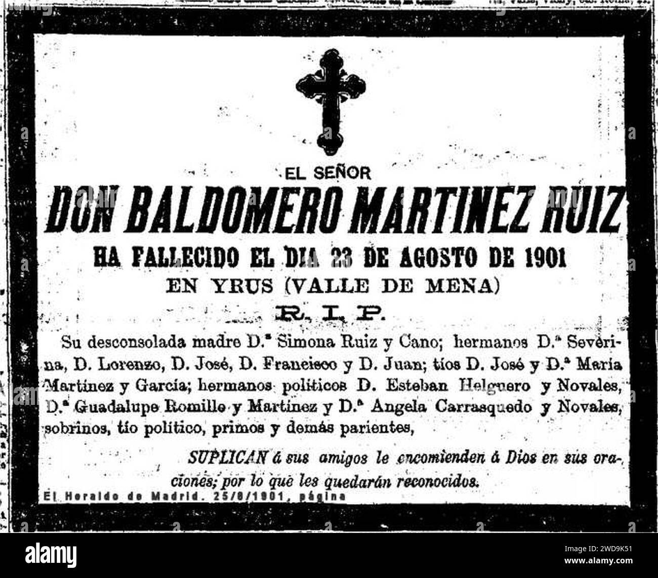 1901-08-25-Baldomero-Martinez-Ruiz-esquela. Stock Photo