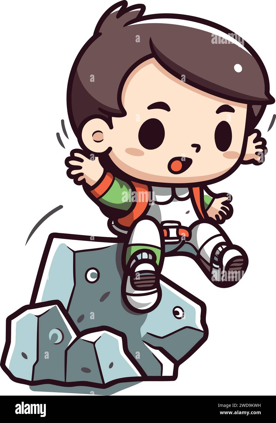 Little boy climbing on a rock. Vector illustration in cartoon style. Stock Vector