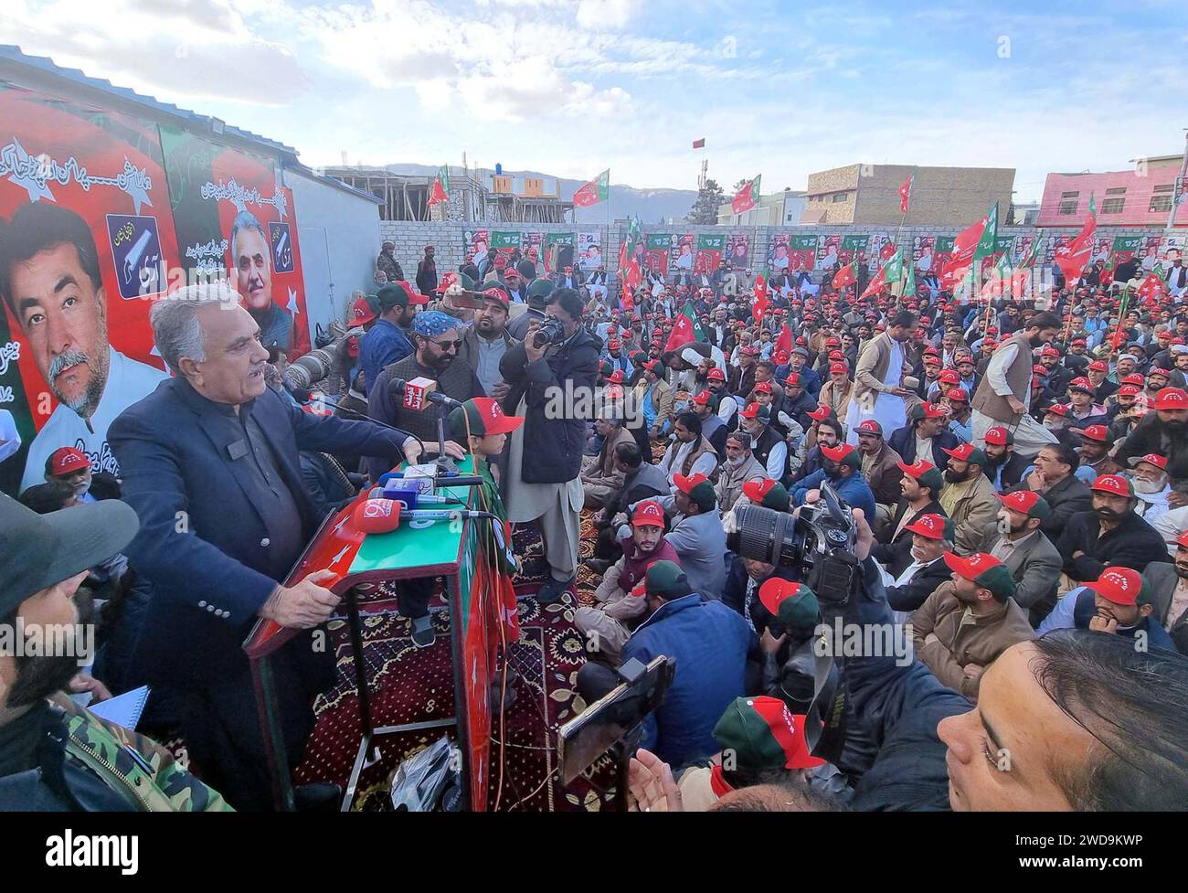 National Party Leader, Kabir Muhammad Shehi addresses to his supporters during public gathering meeting regarding election campaign in connection of General Election 2024 coming ahead, in Quetta on Friday, January 19, 2024. Credit: Pakistan Press International (PPI)/Alamy Live News Stock Photo