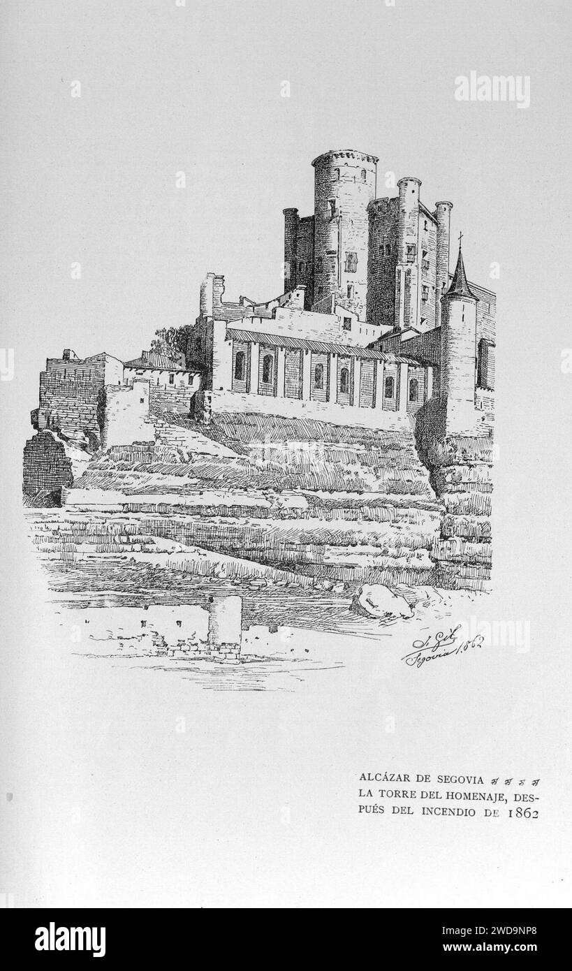 1905, El castillo de Loarre y el alcázar de Segovia, Alcázar de Segovia, La torre del homenaje después del incendio de 1862. Stock Photo