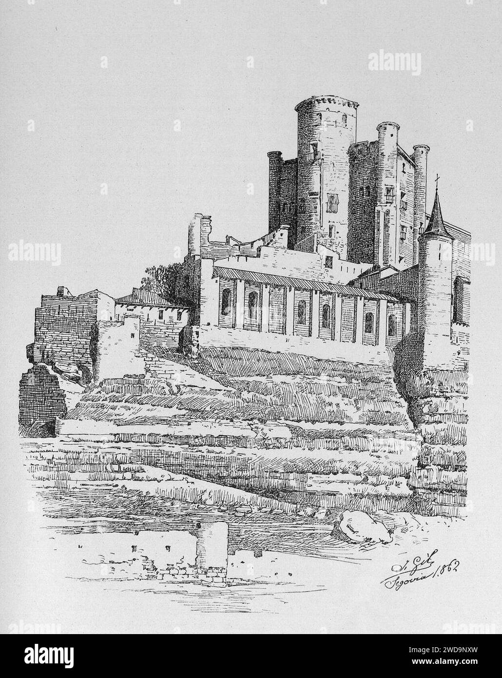 1905, El castillo de Loarre y el alcázar de Segovia, Alcázar de Segovia, La torre del homenaje después del incendio de 1862 (cropped). Stock Photo