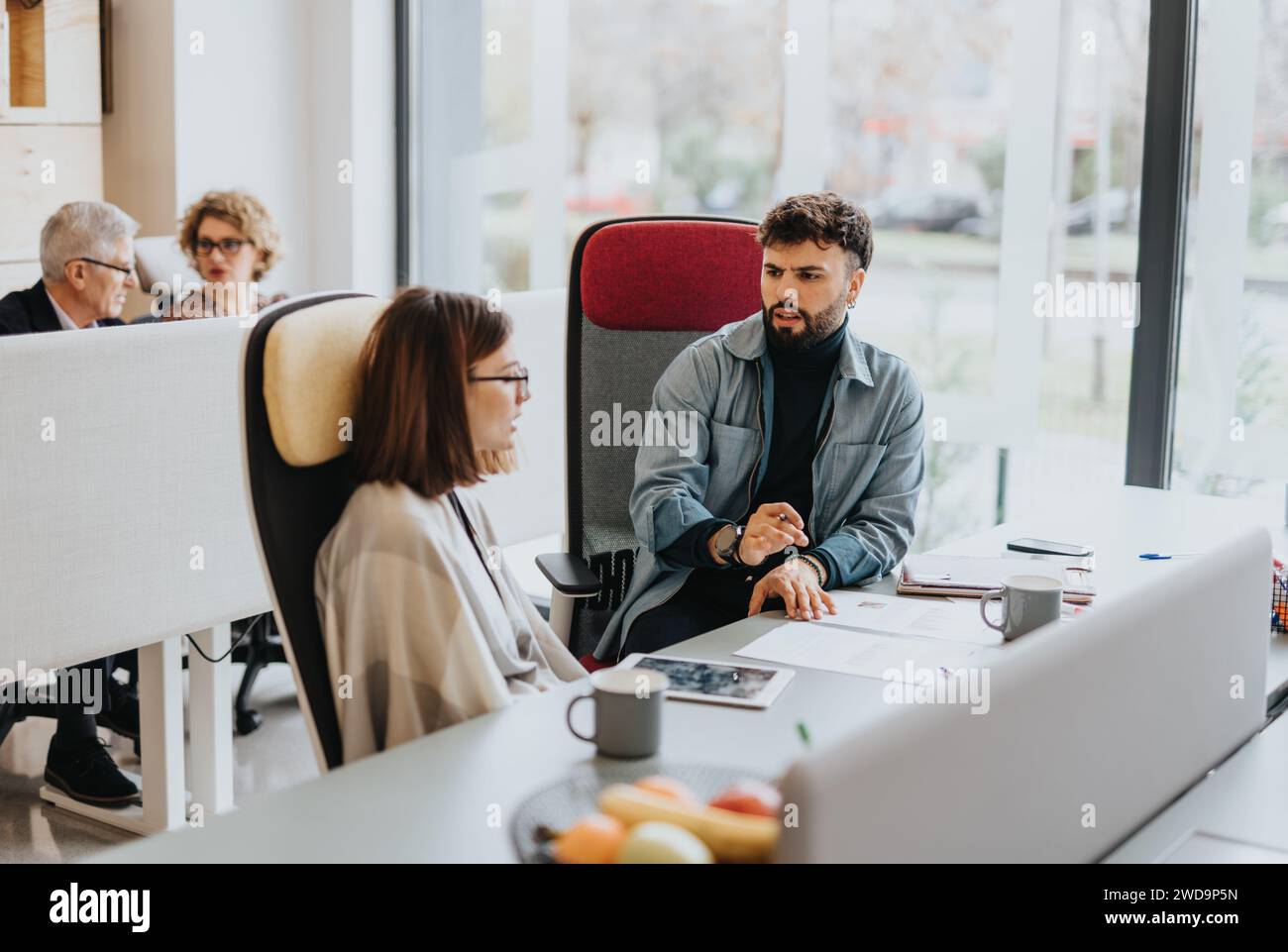 Different aged group of professionals collaborating on a successful project in a modern office. Stock Photo