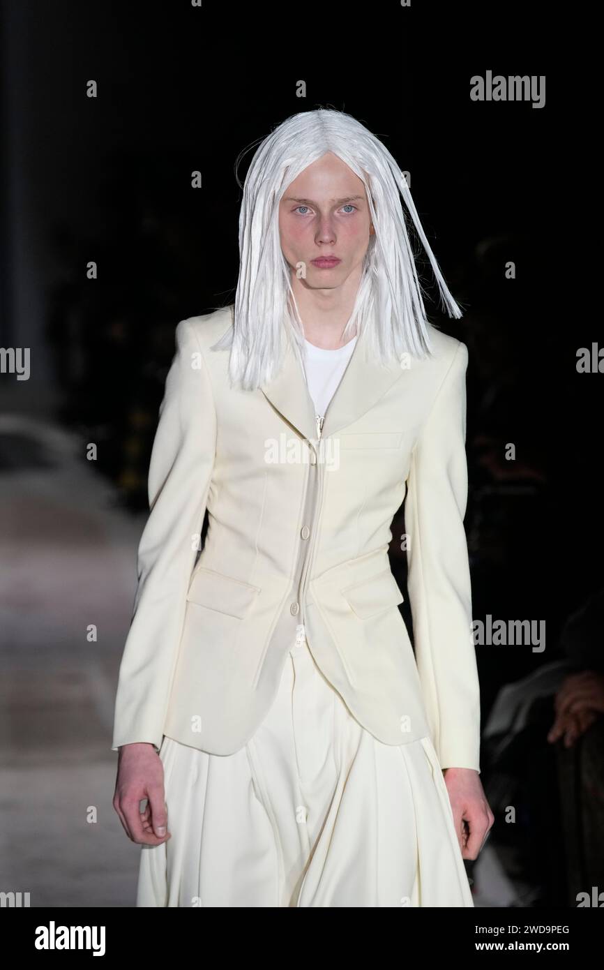 A model wears a creation for Comme Des Garcons as part of the Menswear ready to wear Fall Winter 2024 2025 collection presented in Paris Friday Jan. 19 2024. AP Photo Christophe Ena Stock Photo Alamy