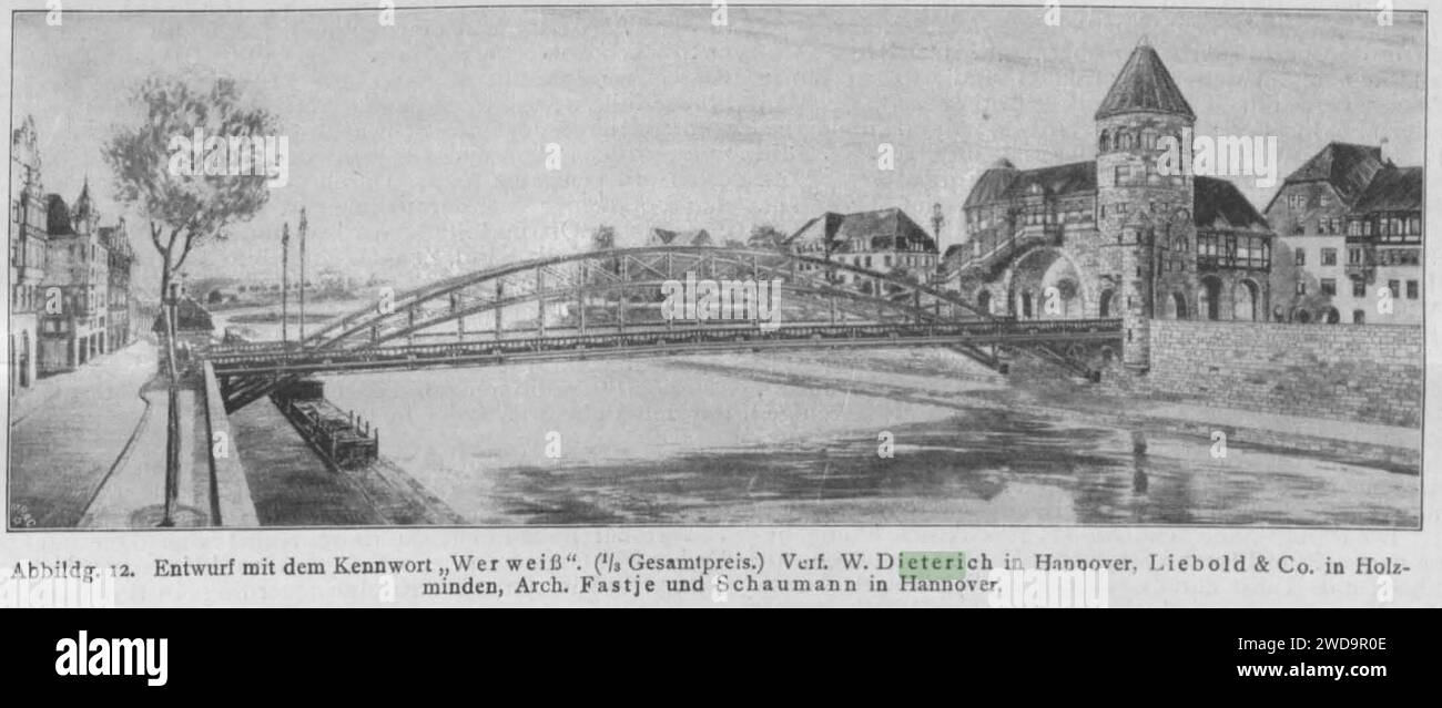 1907 Architekturzeichnung Wettbewerb W. Dieterich (Hannover), Liebold & Co. (Holzminden), Architekten Fastje und Schaumann, Wer weiß, Straßenbrücke über die Fulda in Cassel. Stock Photo