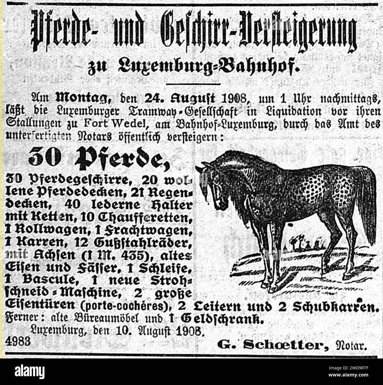1908-08-14 Luxemburger Wort - Pferde- und Geschirrversteigerung. Stock Photo