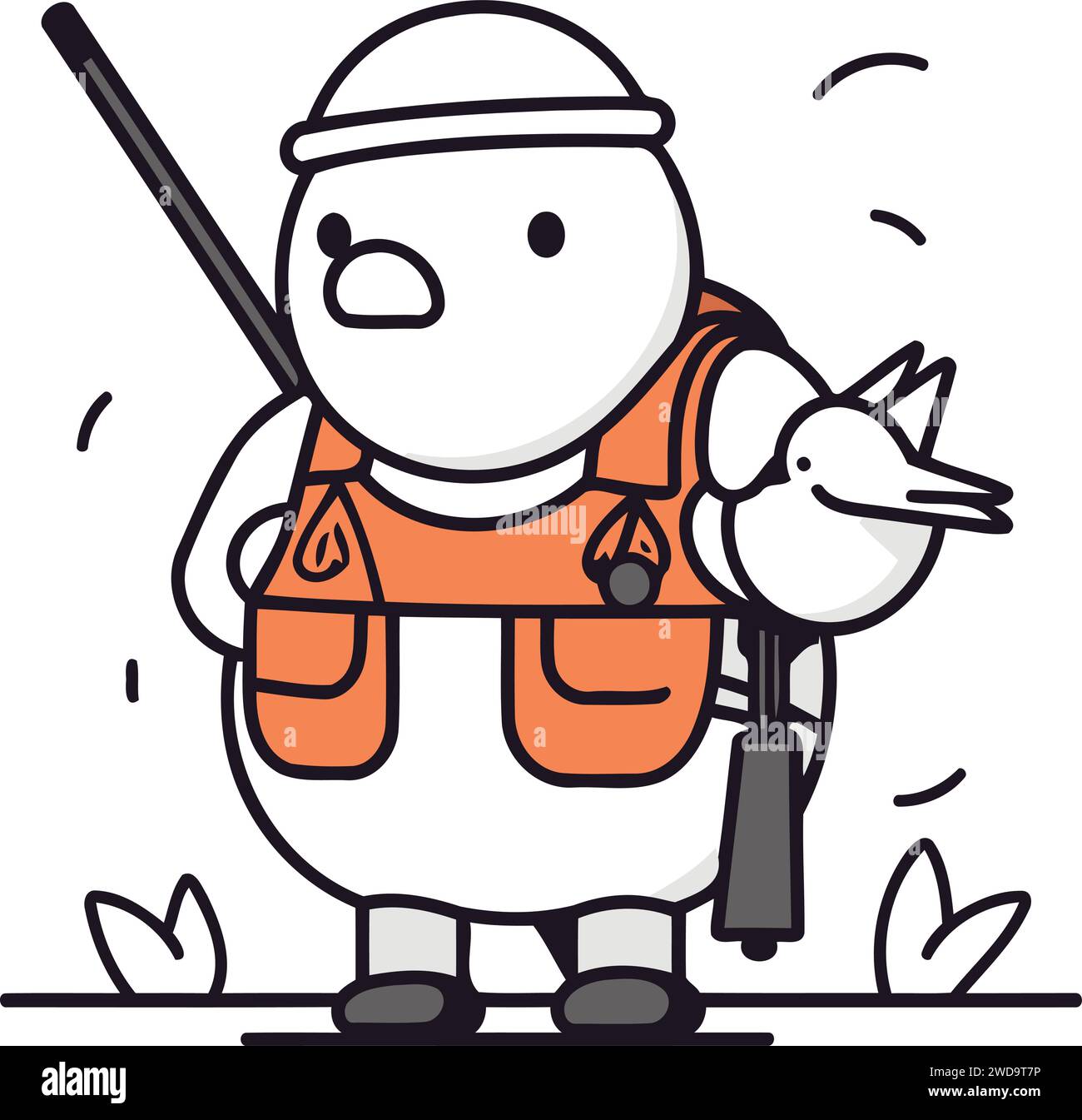 Fisherman with a seagull. Vector line art illustration. Stock Vector