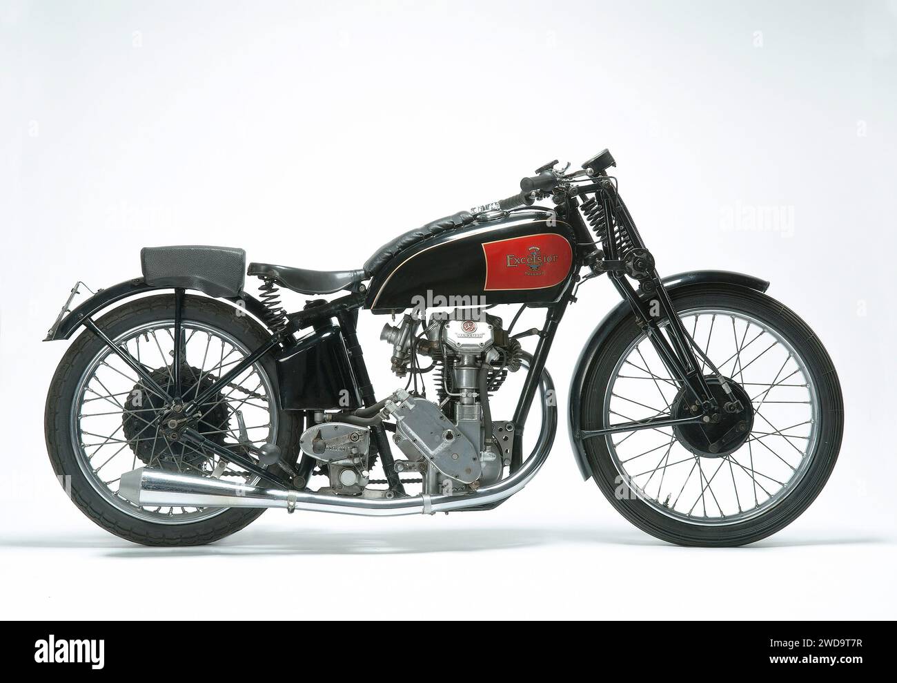 Excelsior Manxman classic motorcycle. Showing the right hand side, studio image on white background. Stock Photo