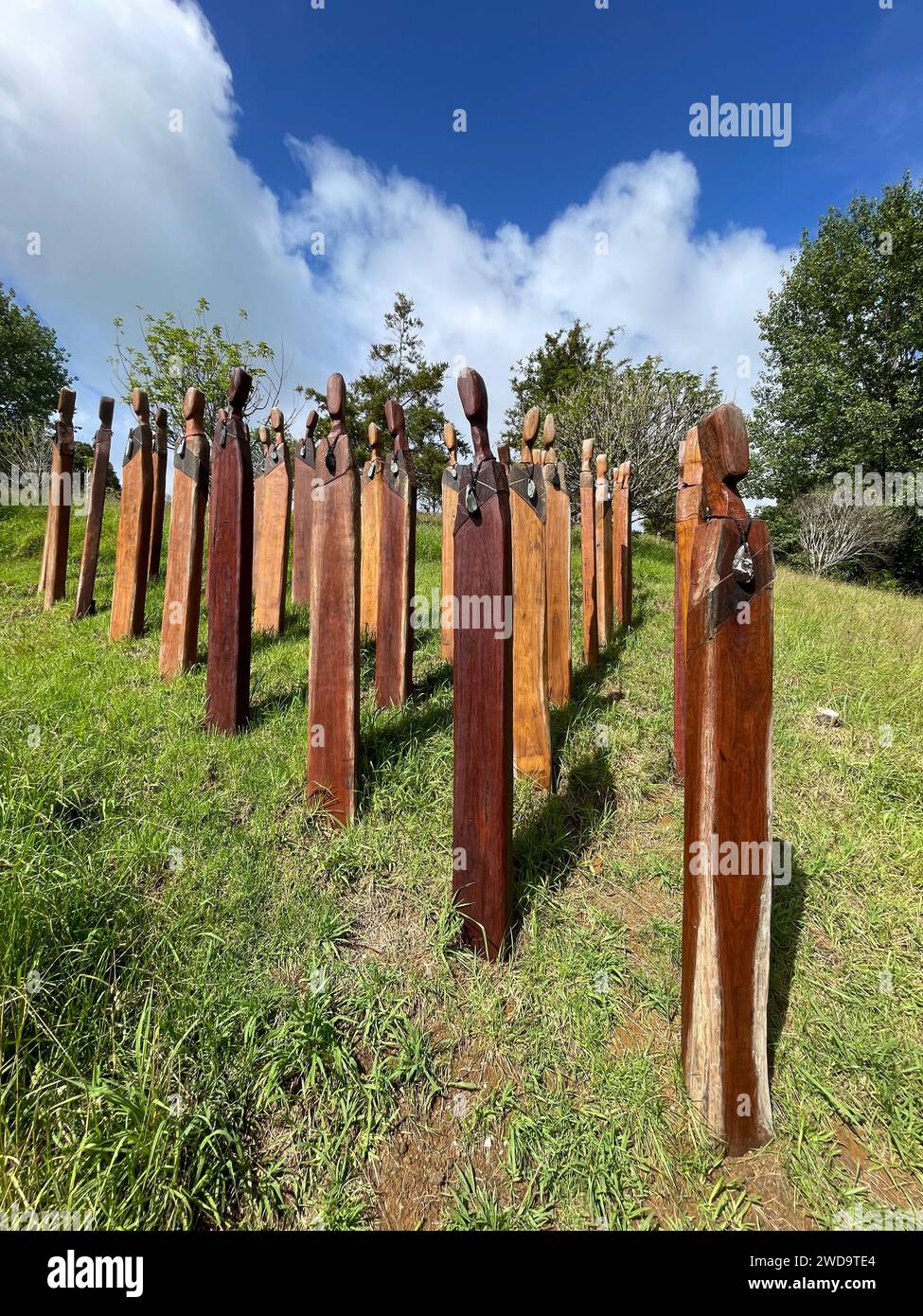 Auckland, New Zealand. Wooden sculpture representing a group of Maori warriors in Brick Bay. Stock Photo