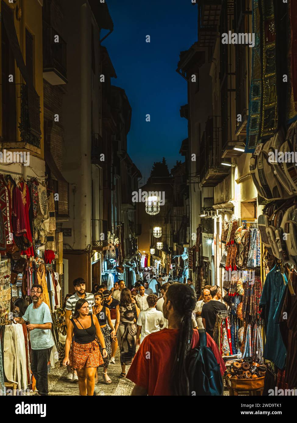 Granada, Andalucia, Spain - September 9, 2023: typical restaurants and shops in the Calle Caldereria Nueva street of the popular old Moorish quarter A Stock Photo
