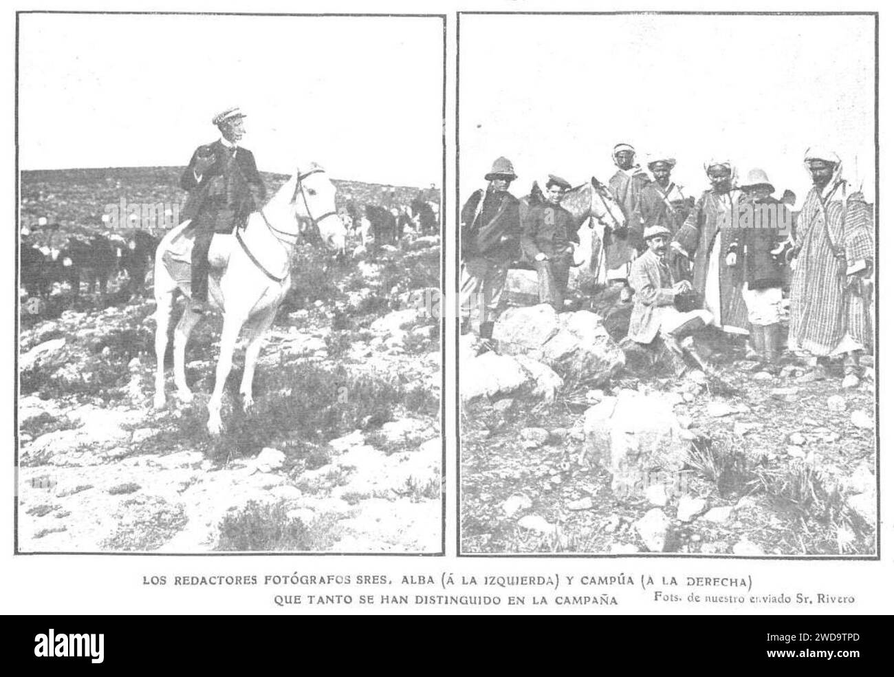 1909-11-17, Actualidades, Los redactores fotógrafos sres. Alba (a la izquierda) y Campúa (a la derecha) que tanto se han distinguido en la campaña, Rivero. Stock Photo