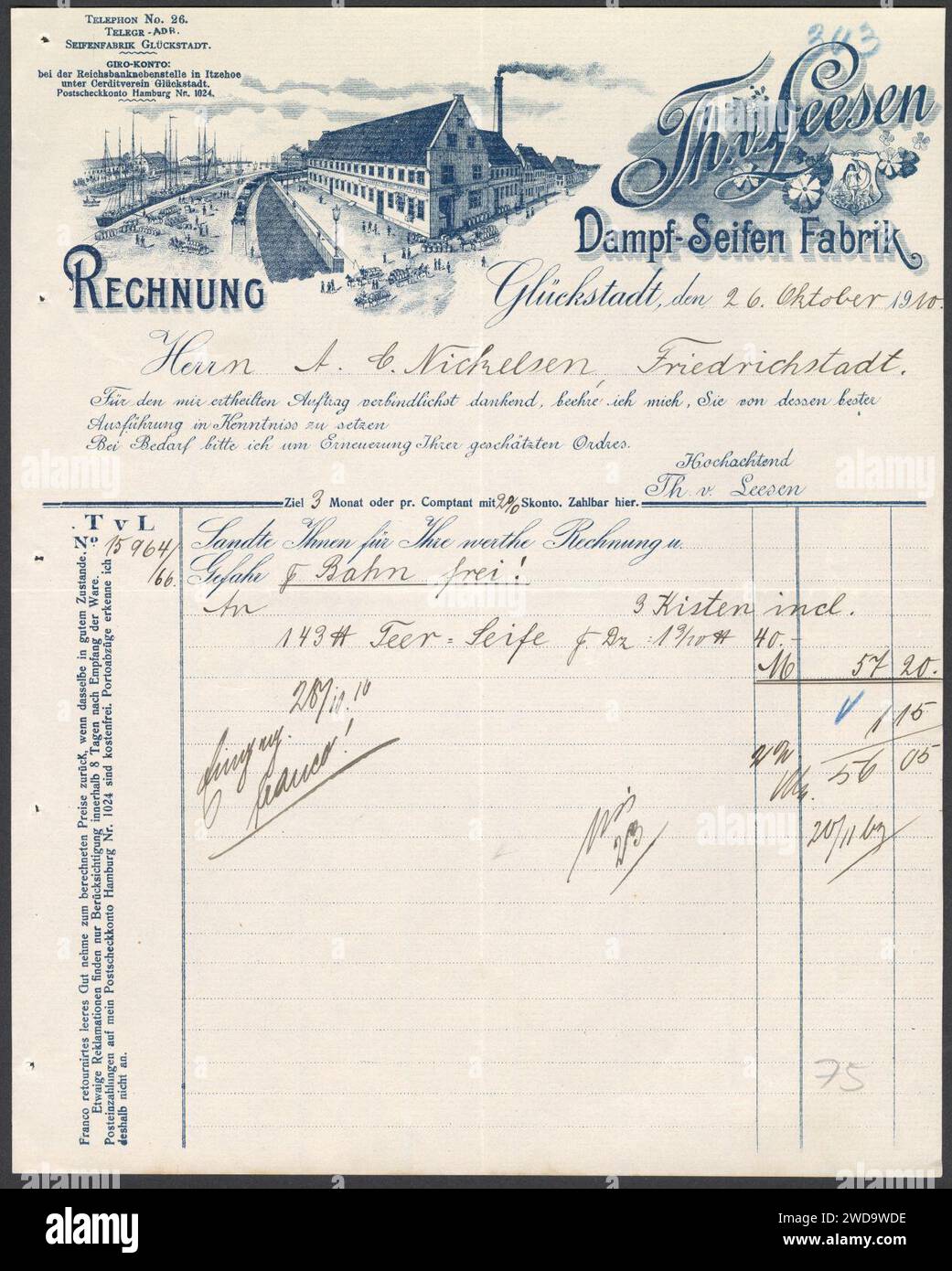 1910-1026 Th. v. Leesen Dampf-Seifen Fabrik Glückstadt Rechnung 9 Kisten Teer-Seife an Herrn A. C. Nickelsen Friedrichstadt. Stock Photo