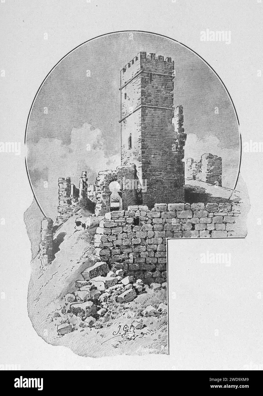 1913, Memorias históricas de Burgos y su provincia, Detalle del castillo de Coruña del Conde (cropped). Stock Photo