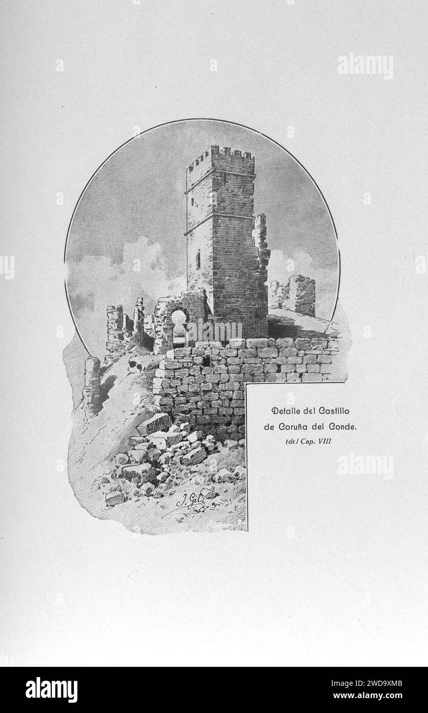 1913, Memorias históricas de Burgos y su provincia, Detalle del castillo de Coruña del Conde. Stock Photo