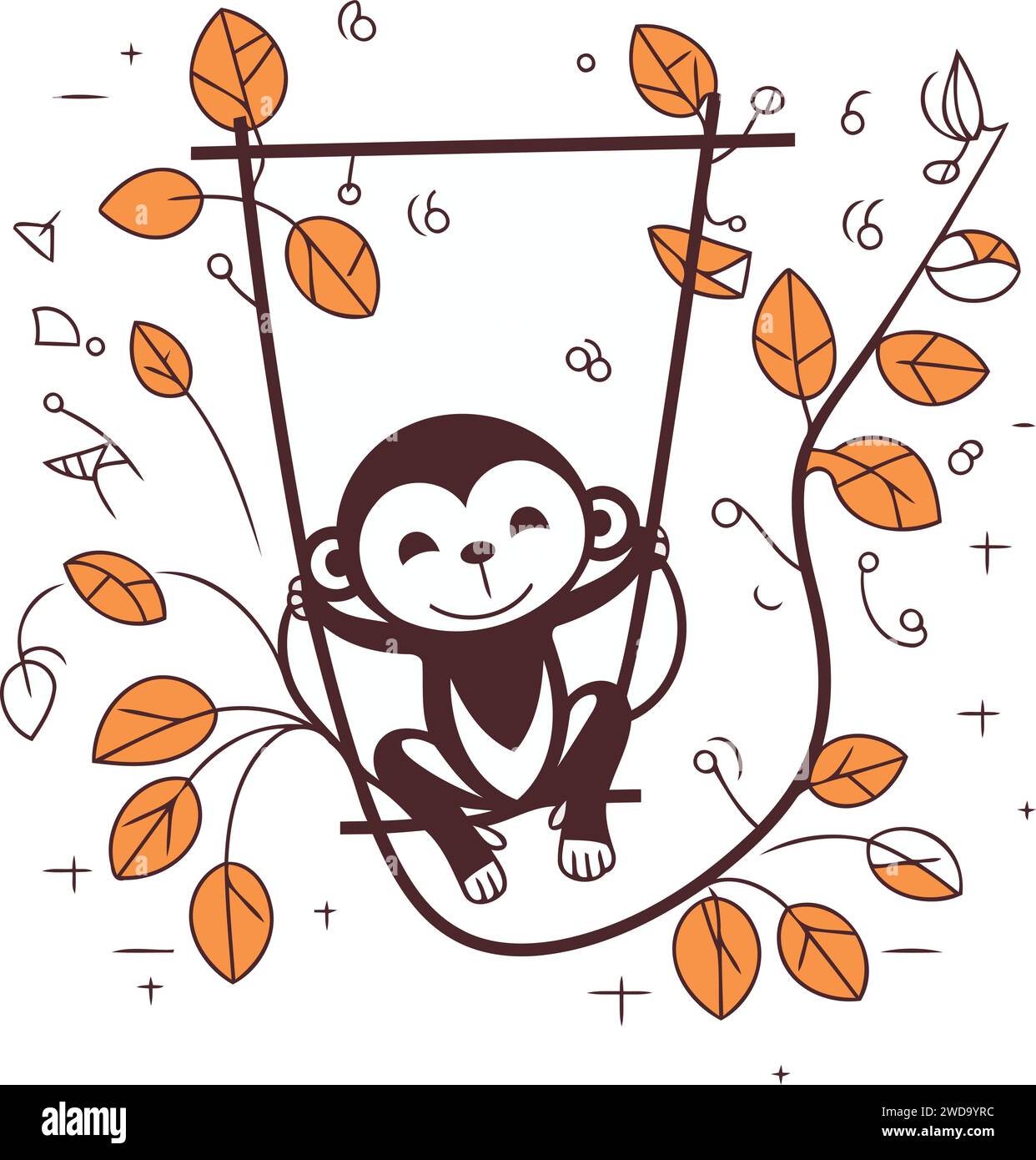 Cute monkey hanging on a swing in the forest. Vector illustration Stock