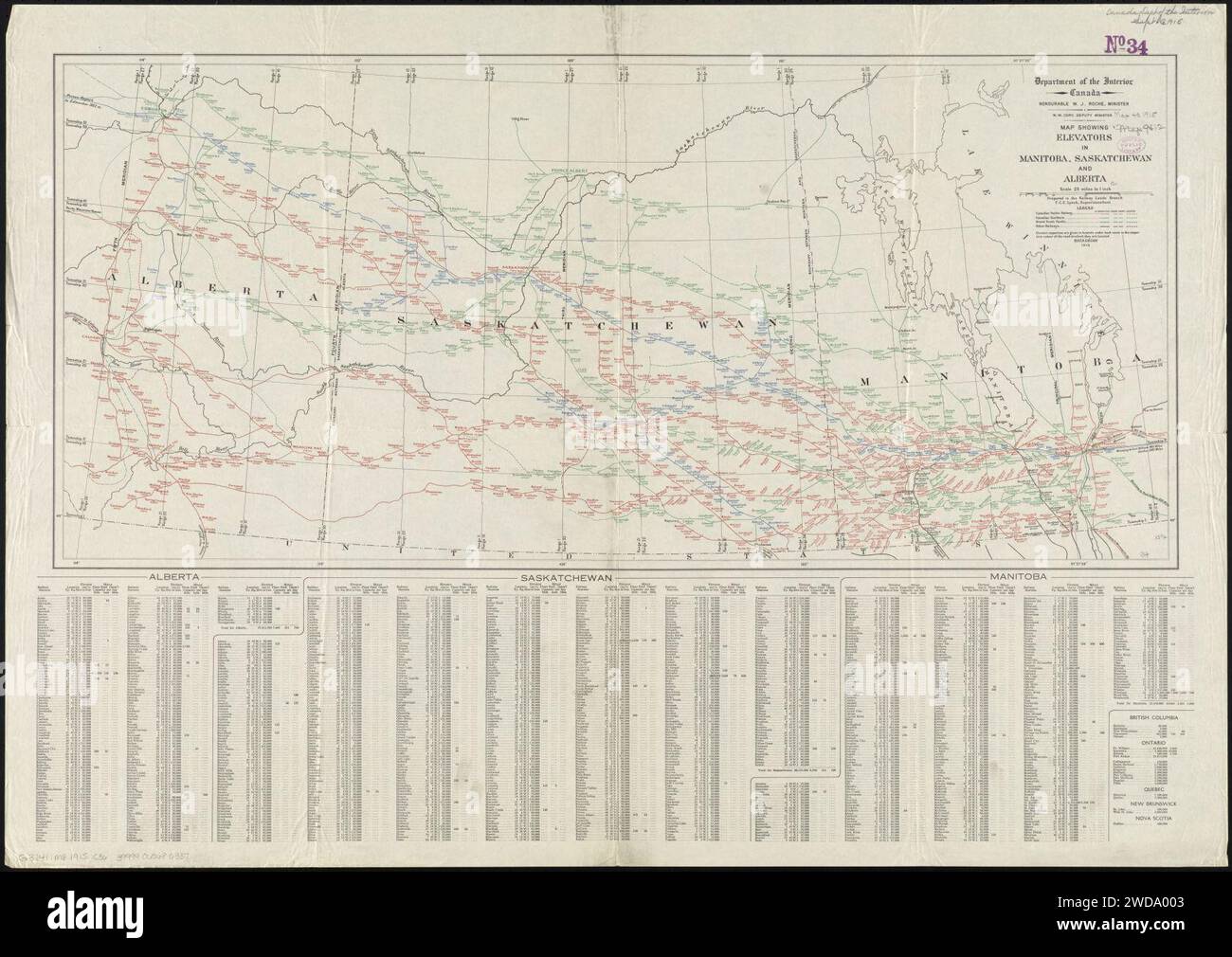 1915 Map showing elevators in Manitoba, Saskatchewan and Alberta, by