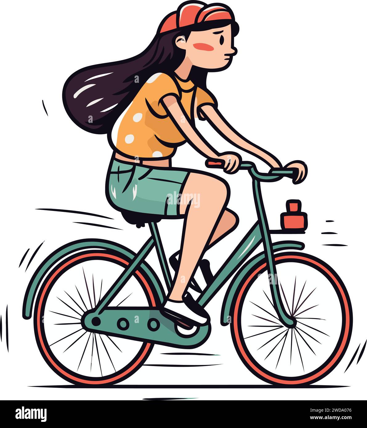 Young woman riding a bicycle. Vector illustration of a girl on a