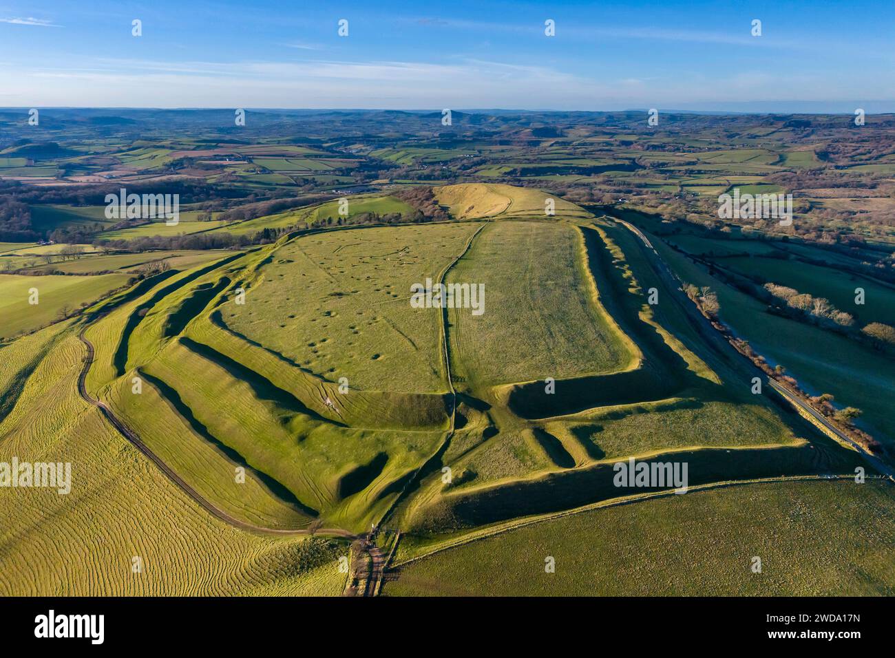 Askerswell, Dorset, UK.  19th January 2024.  UK Weather:  Aerial view of Eggardon Hill Iron Age hill fort near Askerswell in Dorset on a cold and sunny afternoon.  Picture Credit: Graham Hunt/Alamy Live News Stock Photo