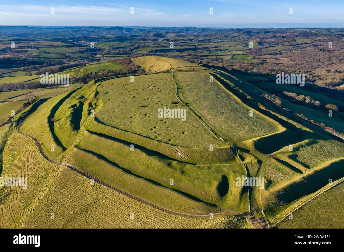 Askerswell, Dorset, UK.  19th January 2024.  UK Weather:  Aerial view of Eggardon Hill Iron Age hill fort near Askerswell in Dorset on a cold and sunny afternoon.  Picture Credit: Graham Hunt/Alamy Live News Stock Photo