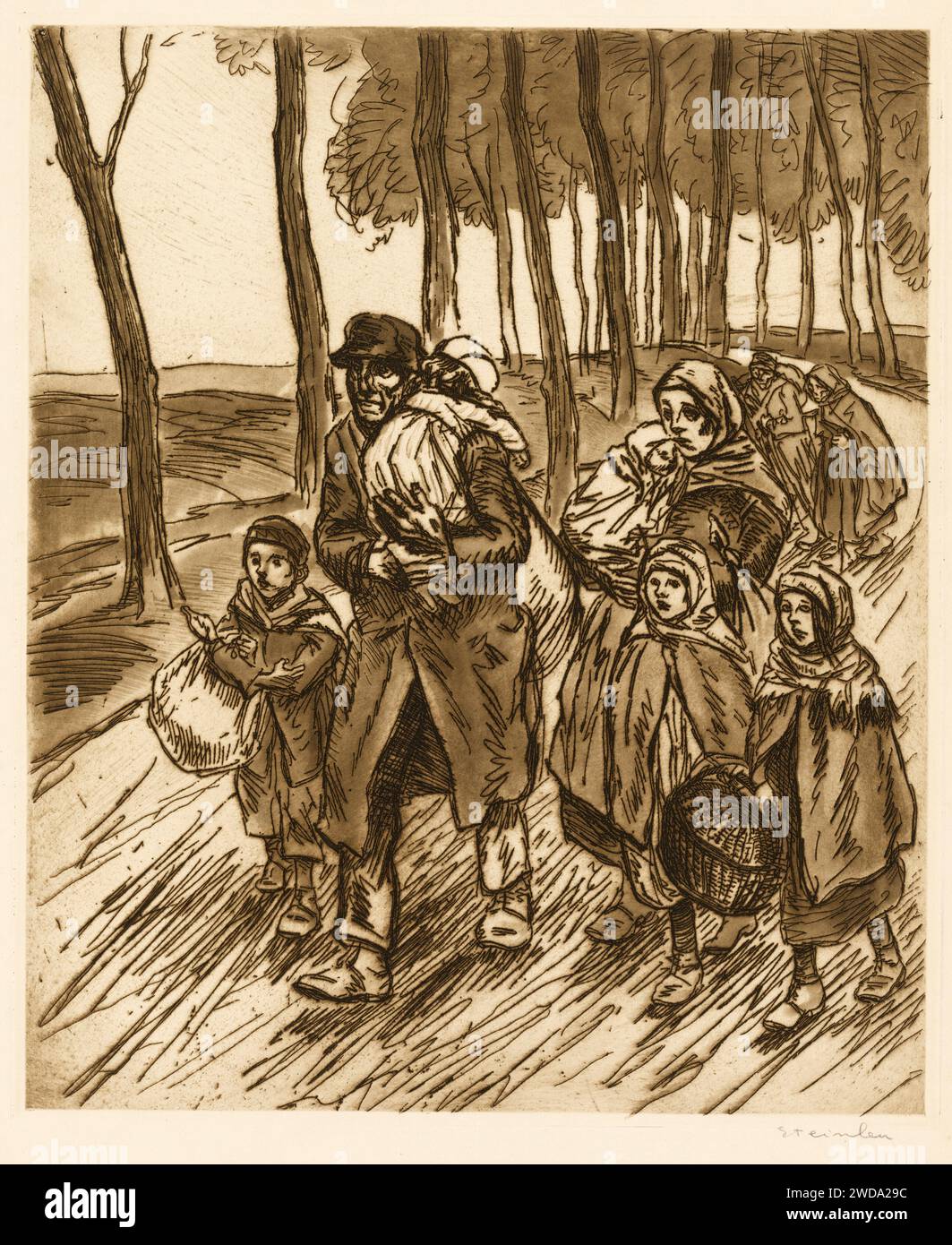 Refugee Family. Théophile Alexandre Steinlen. 1915. Etching and aquatint. Stock Photo