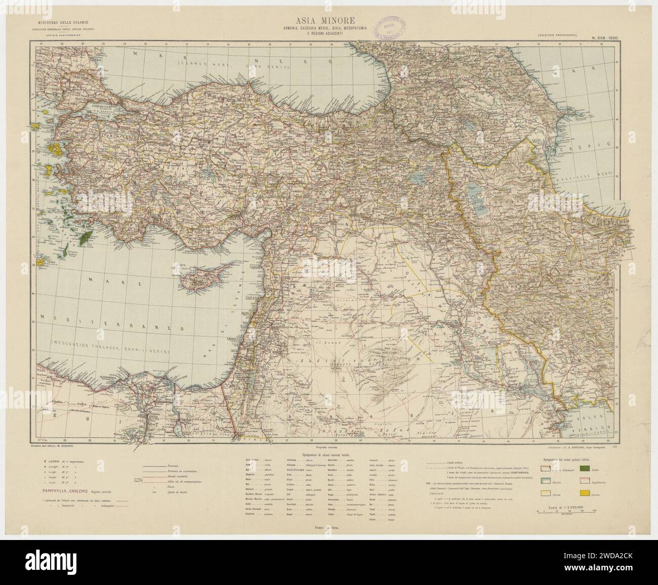 1920 map - Asia Minore, Armenia, Caucasia Meridionale, Siria, Mesopotamia e regioni adiacenti. Stock Photo