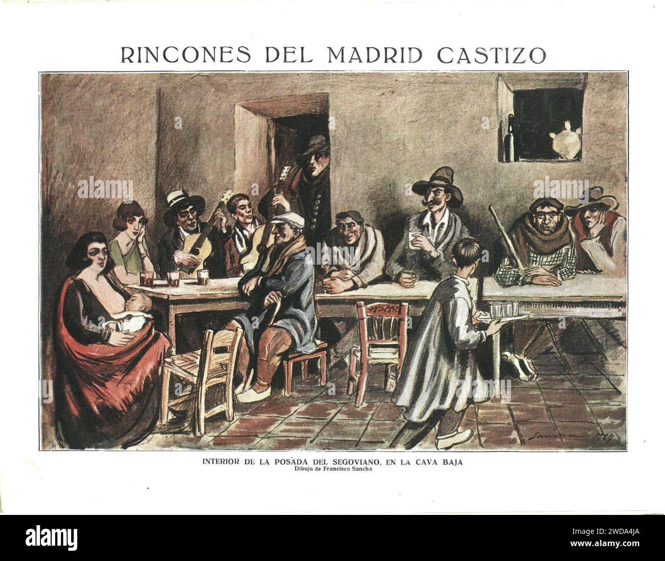 1924-03-29, La Esfera, Rincones del Madrid castizo, Interior de la posada del Segoviano, en la Cava Baja, Sancha (color). Stock Photo