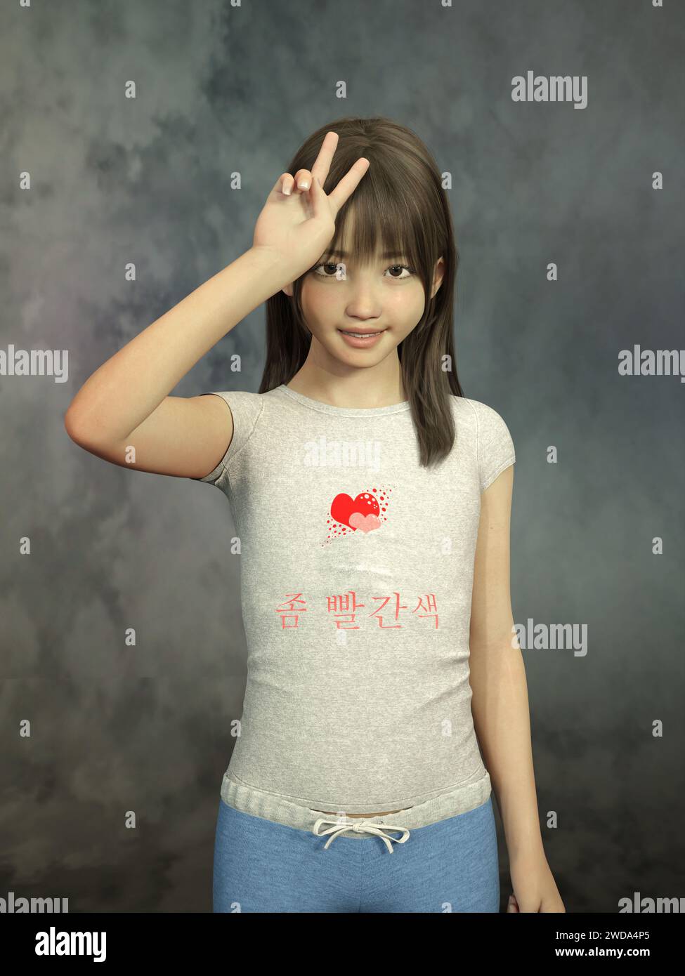 Photo realistic 3D rendered portrait of fictional young asian girl, t-shirt reads: a little red; made without AI, no model release required. Stock Photo